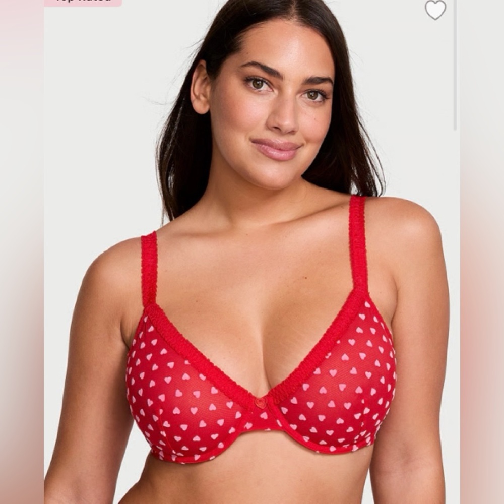 New Victoria's Secret Tease Hearts Unlined Demi Bra Bright Vermillion Hearts 38D